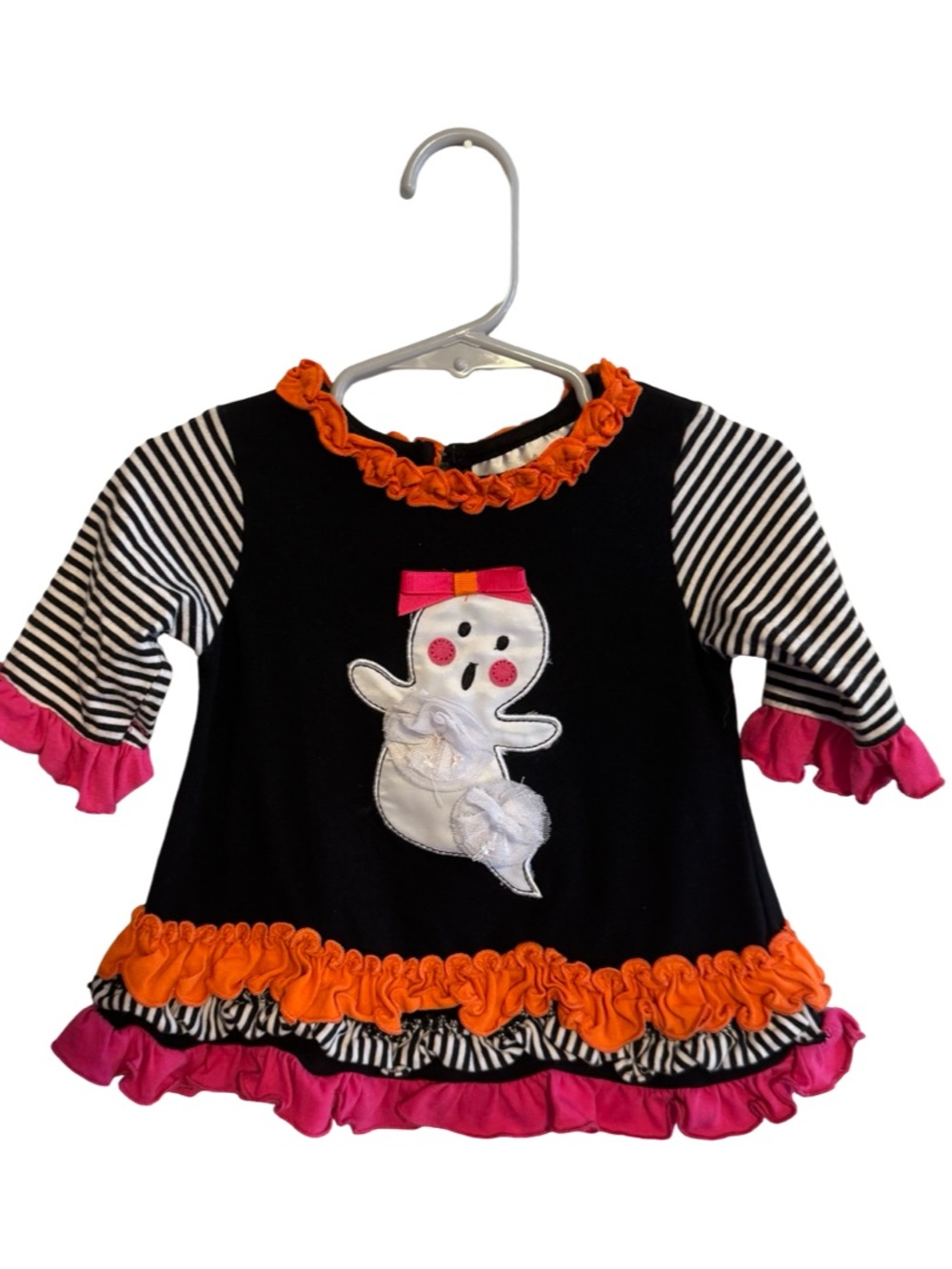 Rare Editions Halloween Ghost Top Girls Sz 12M Orange Stripe Ruffle Long Sleeve
